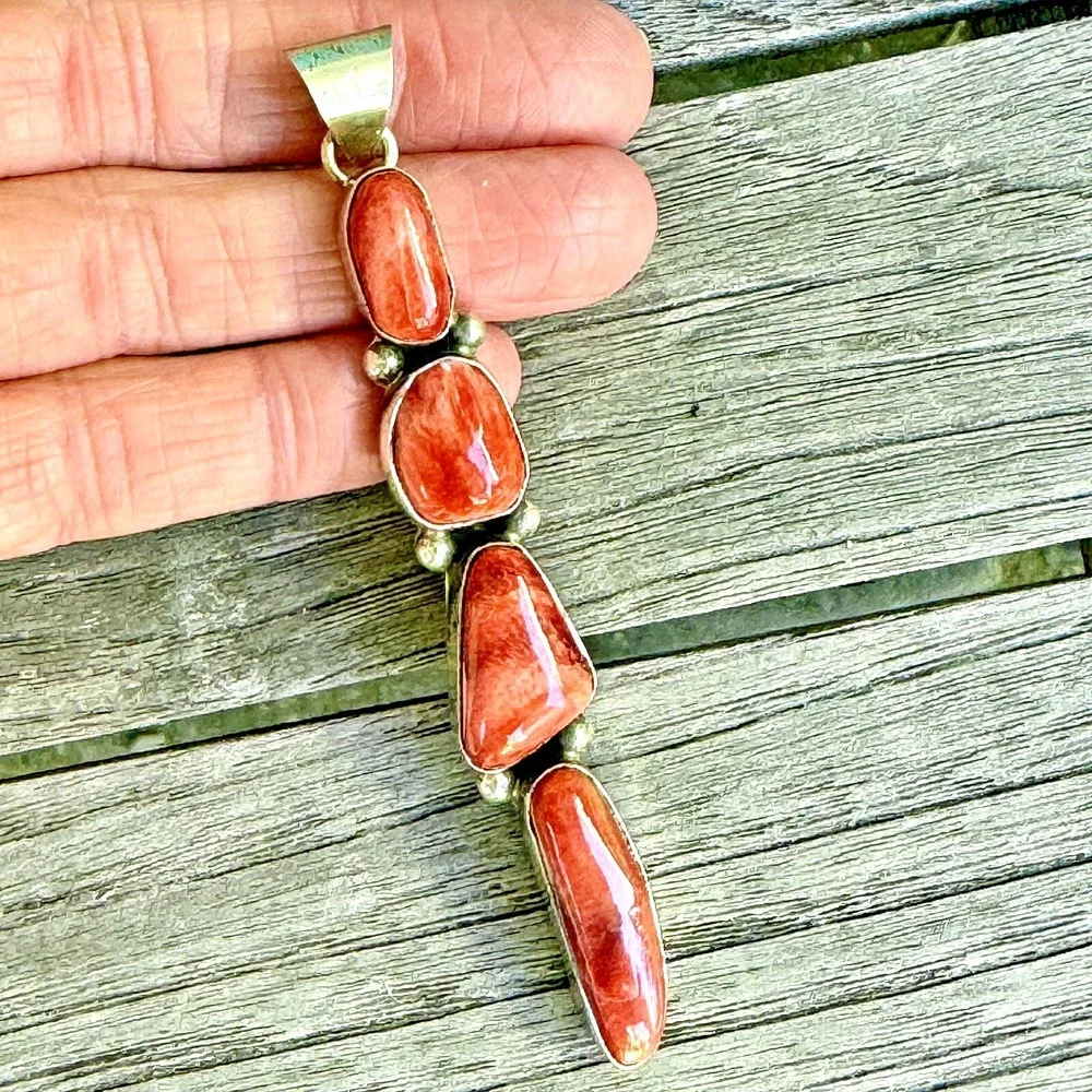 Long Navajo Pendant Red Spiny Oyster 3.75in Sterling‎ Signed Juanita Turquoise